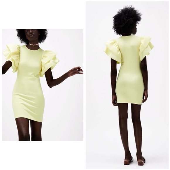 Zara Puff Voluminous Ruffle Poplin Sleeve Bodycon Mini Dress Pastel Yellow Sz M - Picture 1 of 16